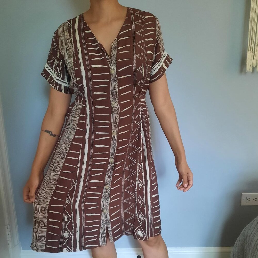 Vintage short sleeve button front tie brown print summer dress size M